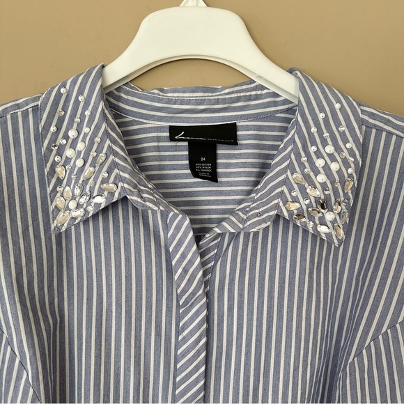 Lane Bryant Size 24 Striped Button Up Shirt Long Sleeve Rhinestone Collar Plus - Picture 2 of 9
